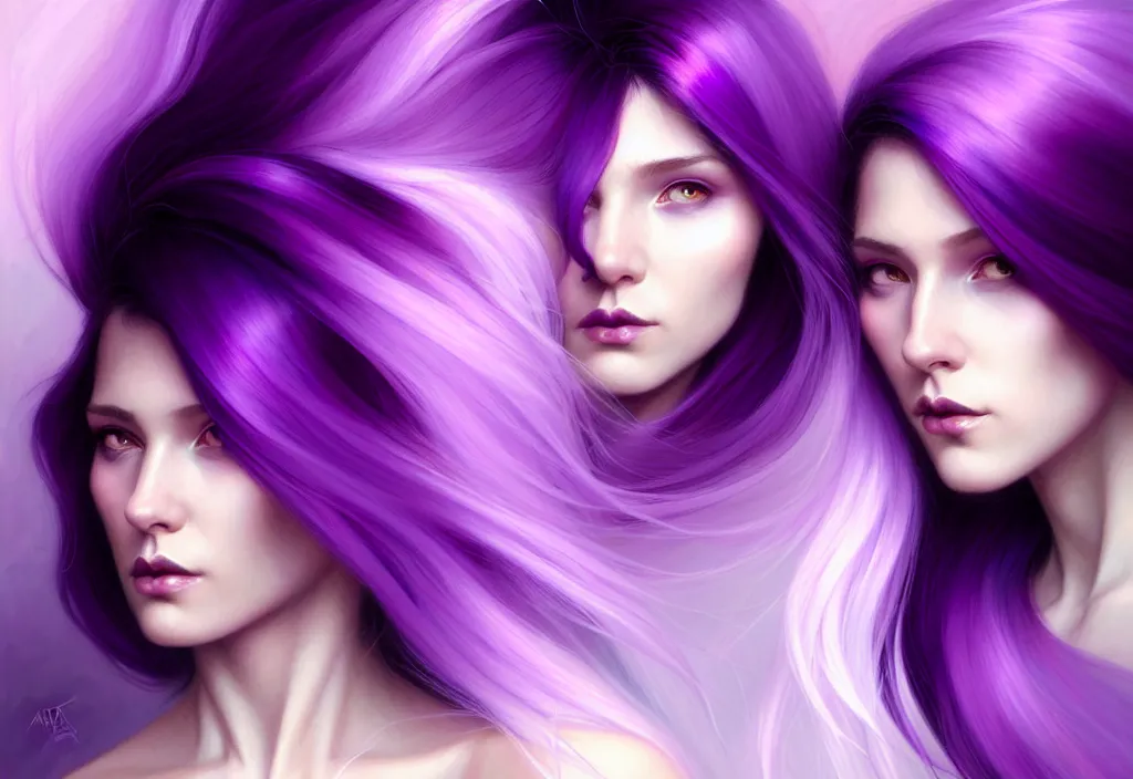 Image similar to Purple hair relistic Portrait of a two woman with bright colored flying hair, all shades of purple. Beauty face, Hair coloring, fantasy, intricate, elegant, highly detailed, digital painting, artstation, concept art, smooth, sharp focus, illustration, art by artgerm and greg rutkowski and alphonse mucha