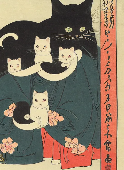 Image similar to a cat with 2 baby cats of utagawa hiroshige