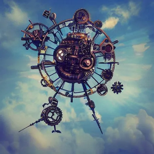 Image similar to flying city in a mechanical flower, sky, steampunk!!!, fantasy art, steampunk, masterpiece, octane