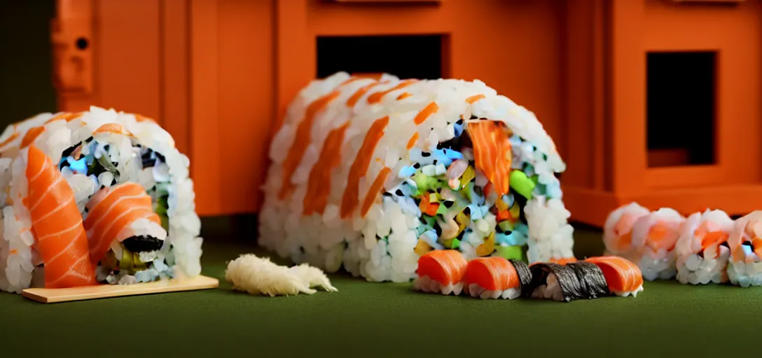 Prompt: a very high resolution image from a new movie. a dog house made of sushi. close up. 2 0 0 mm, dof, photorealistic, photography, directed by wes anderson