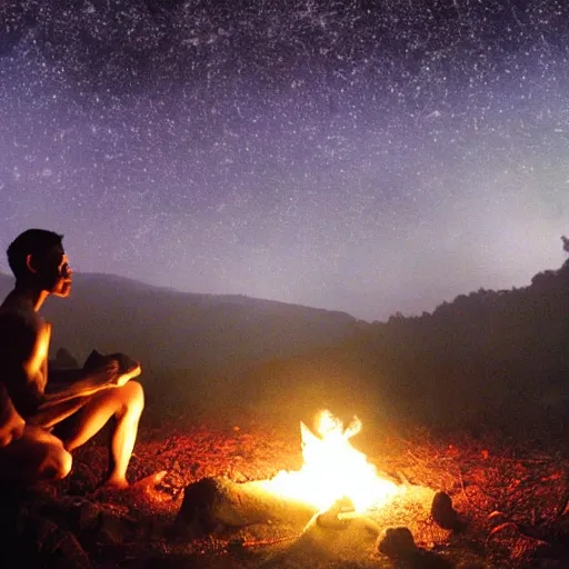 Image similar to spartan doing ayahuasca ritual at camp fire, jungle background, full moon with stars, hyper realistic award winning photographic portrait, dramatic cinematic lighting