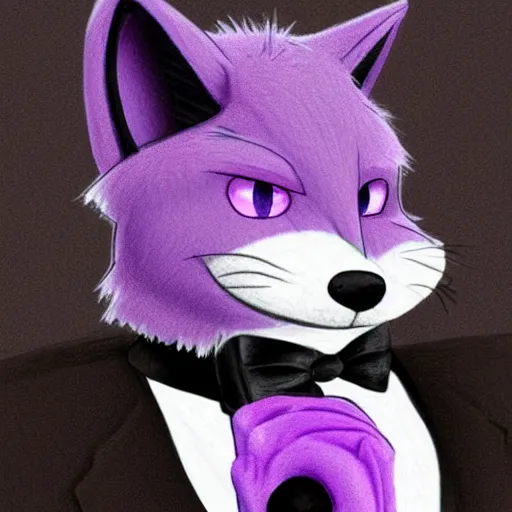 Prompt: colored pencil sketch of an anthropomorphic male purple fox furry fursona in a tuxedo with medium length black hair, handsome eyes, trending on artstation, furaffinity, posing with hands in pocket