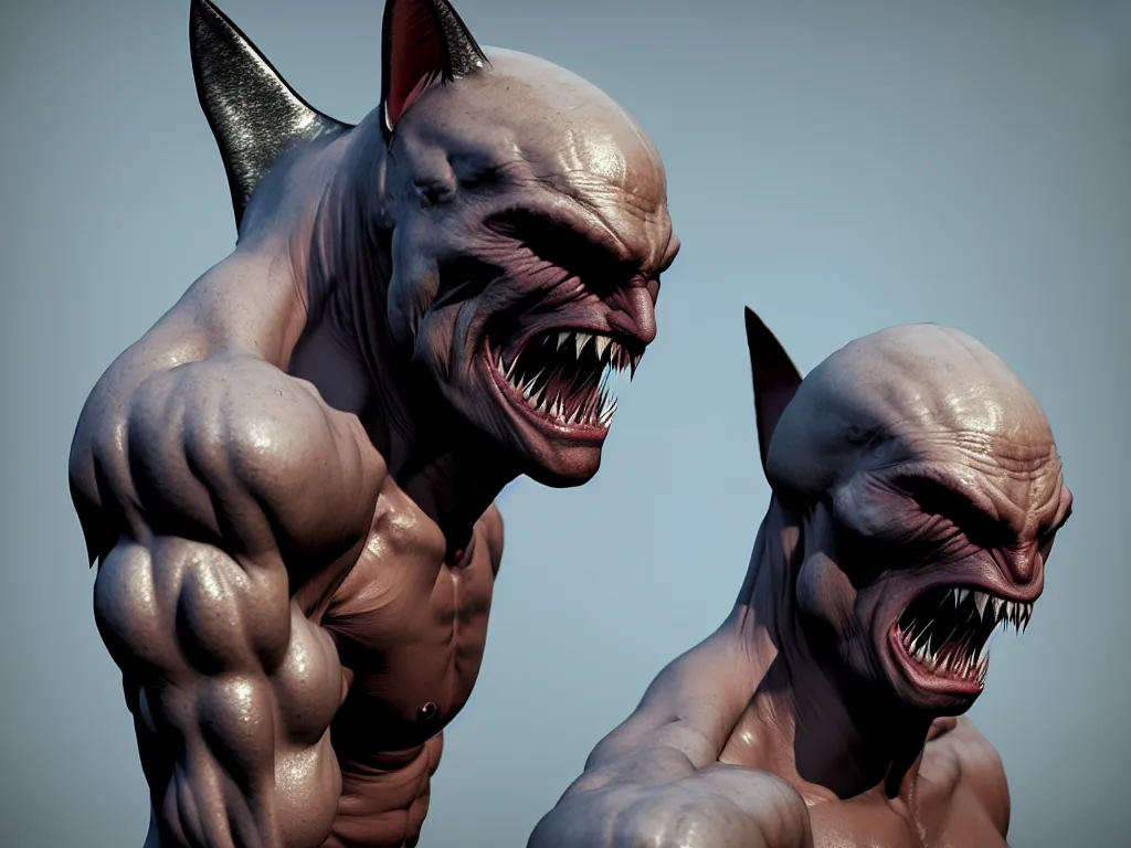 Image similar to game concept art, muscular, lice head, chiroptera head, chiroptera ears, shark teeth, hyperrealism, artstation, cgsociety, zbrush, no background