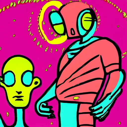 Prompt: artistic depiction of an alien being controlling a human, very colourful, enigmatic and hypnotizing art