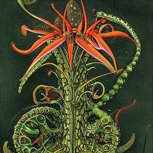 Prompt: technicolor venus flytrap, by Ernst Haeckel, by M.C. Escher, beautiful, eerie, surreal, colorful-n 8