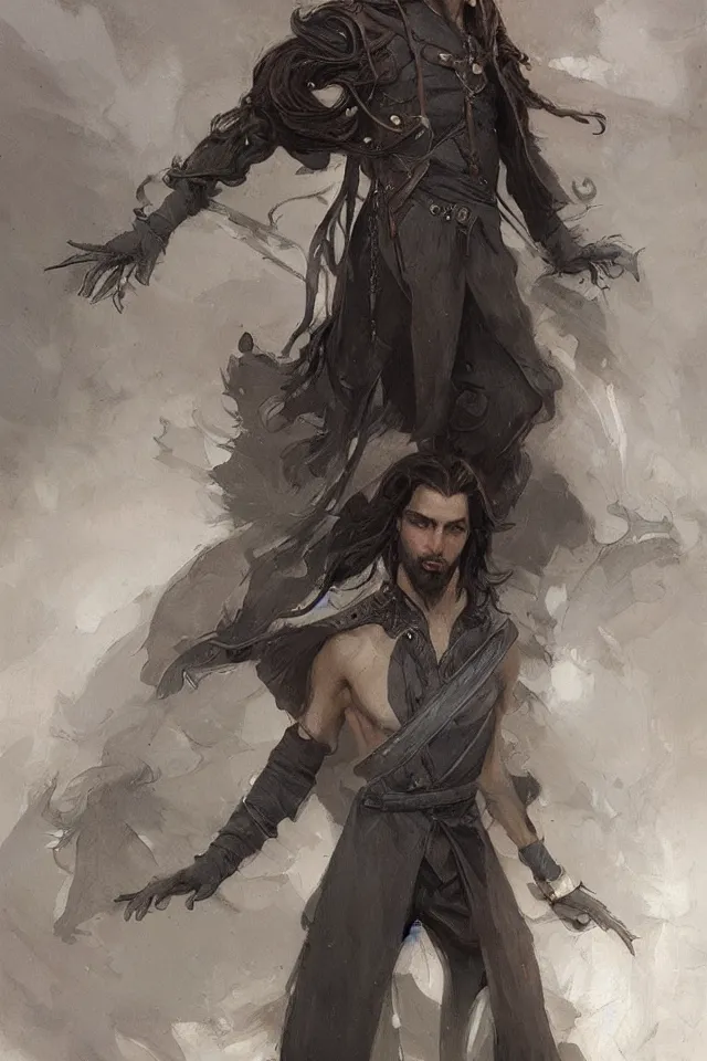 Prompt: skinny male fantasy alchemist, long dark hair, 1 9 2 0 s, elegant, highly detailed, intricate, smooth, sharp focus, artstation, digital paining, concept art, art by donato giancola, greg rutkowski, artgerm, cedric peyravernay