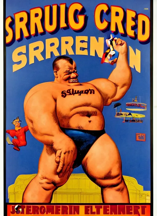 Image similar to poster for circus strongman. portrait by clyde caldwell and jean giraud and anton otto fischer and john philip falter and will eisner and gil elvgren