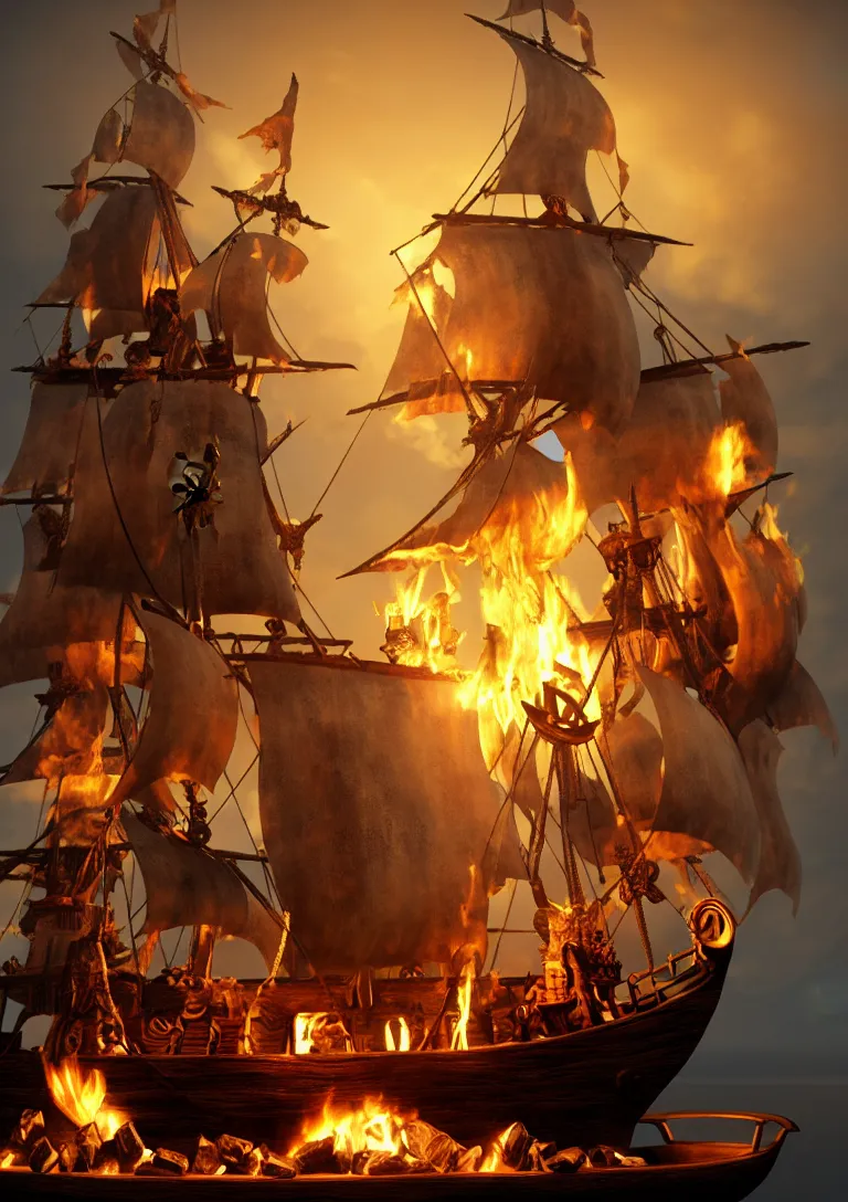 Image similar to Pirate ship with crew in a bottle, the bottle containing the pirate ship is on a mantlepiece over a fireplace with a fire. Photorealistic. Masterpiece.