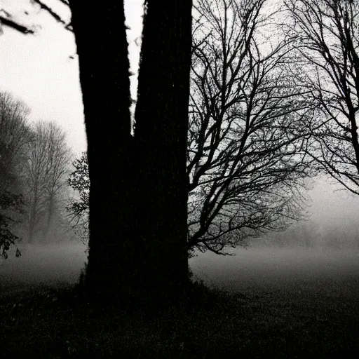 Prompt: taken using a film camera with 35mm expired film, bright camera flash enabled, cloudy sky with moon visible behind, slightly foggy, dark trees in the distance, award winning photograph, creepy, liminal space,