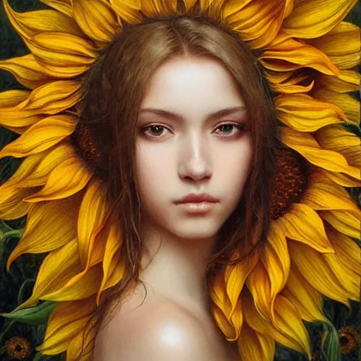 Image similar to a girl slowly walking through amazing tall sunflower field, hair flowing, early morning lighting, elegant, subtle, intricate details, beautiful face!, real masterpiece, oil on canvas, by karol bak, ayami kojima, artgerm, smile, concept art, fantasy