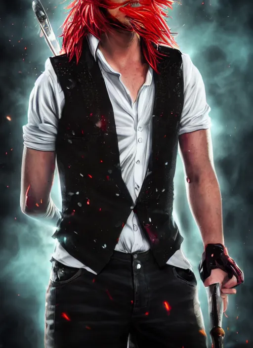 Image similar to An epic fantasy comic book style portrait painting of young man with long red spiked hair. Wearing a black waistcoat, white shirt, using googles. Blasting fire on his hands. Unreal 5, DAZ, hyperrealistic, octane render, cosplay, RPG portrait, dynamic lighting