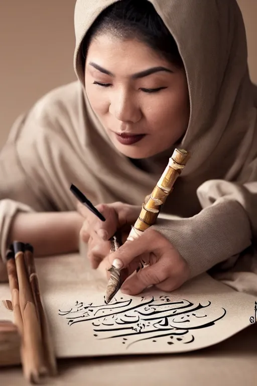 Diwani calligrapher shy woman with brown hair in beige | Stable ...