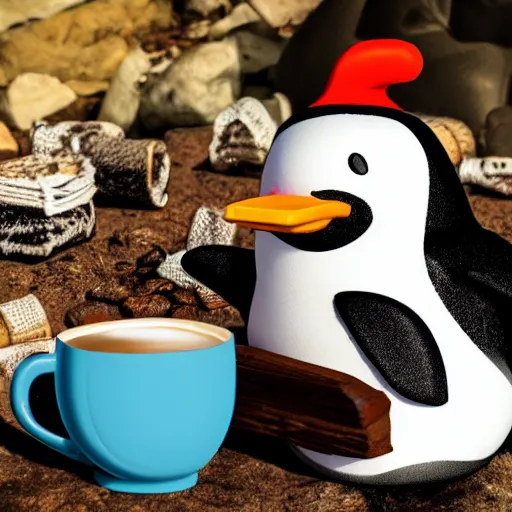 Prompt: A penguin wearing a beanie sitting next to a campfire with a cup of coffee by Sanrio