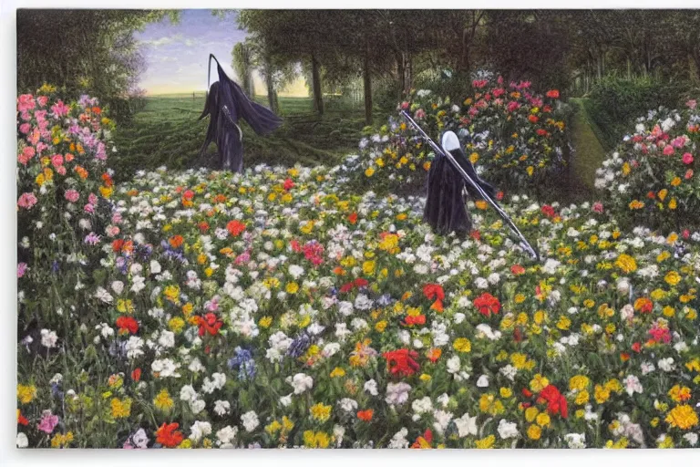 Prompt: the grim reaper holding a scythe standing in a garden of flowers, grass path, white flowers, by herbert bayer by aj casson