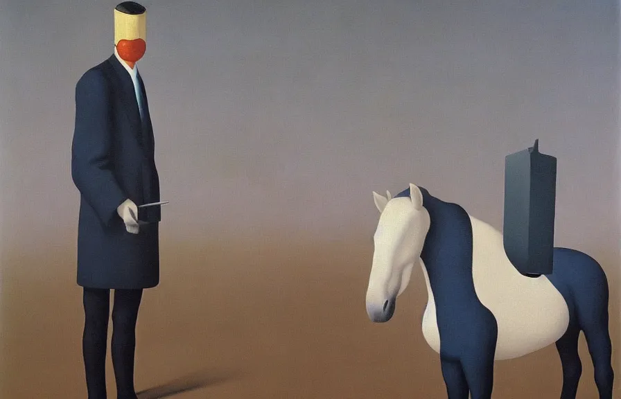 Prompt: surreal painting of a horse accountant by rene magritte