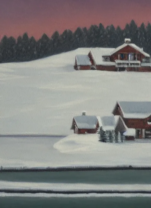 Image similar to an oil painting of a lake house in winter