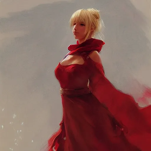 Image similar to portrait painting of Lyse from Final Fantasy XIV, the lady in red, wide angle, by Richard Schmid and Jeremy Lipking
