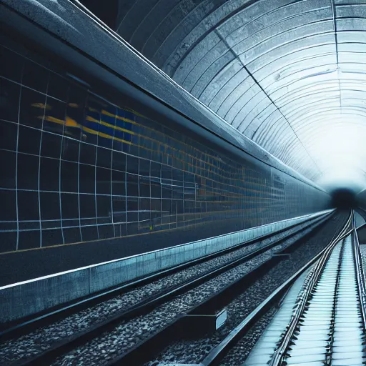 Image similar to someone standing on top of a train travelling through a futuristic tunnel, realistic, cinematic