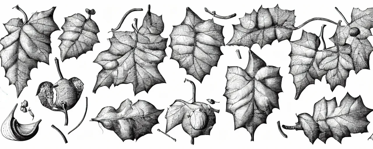 Prompt: a full page schematic diagram illustration of a vine leaves and acorns from an oak tree, ultra detailed, 4 k, intricate, encyclopedia illustration, fine inking lines