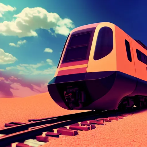 Image similar to futuristic train locomotive in a desert, painting, octane render, 4 k, anime sky, warm colors