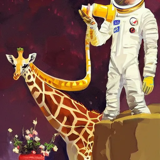 Image similar to a giraffe dressed like an astronaut drinking tea with queen isabel, trending on artstation, art by greg manchess, guangjian, detailed digital art, artstation hd