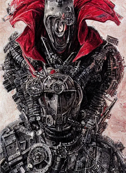 Image similar to portrait of rotten Nicolas Cage as adeptus mechanicus in red hood and robe from Warhammer 40000. Highly detailed, artstation, illustration by and John Blanche and zdislav beksinski and wayne barlowe and Gustav Klimt