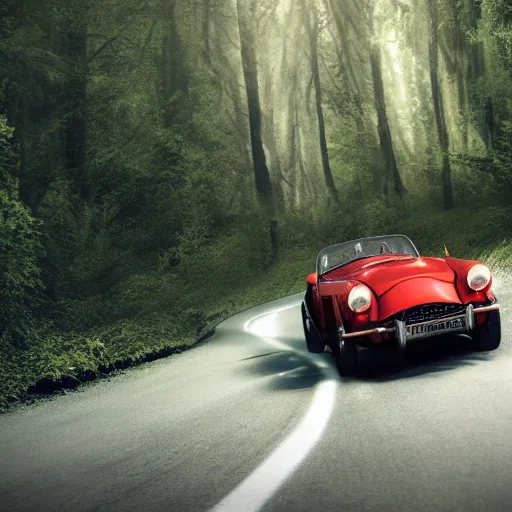 Image similar to octane render of a Triumph TR250 driving on narrow winding road in a mixed mesophytic forest, photorealistic, Car & Driver, trending on ArtStation