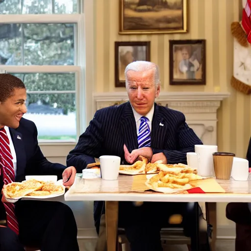 Image similar to photograph of trump and Biden sitting and eating breakfast at a Wafflehouse