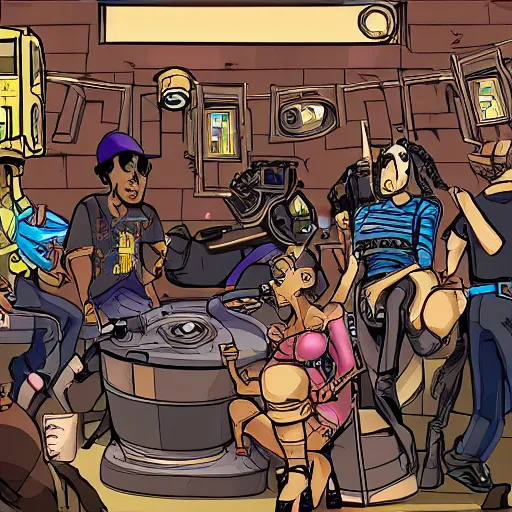 Image similar to Party in the ghetto, cybersteampunk, cartooncore