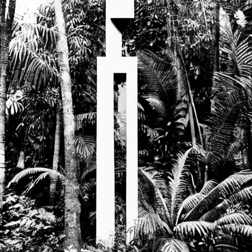 Image similar to lost film footage of a sacred modernist totem in the middle of the tropical jungle / film still / cinematic / enhanced / 1 9 2 0 s / black and white / grain