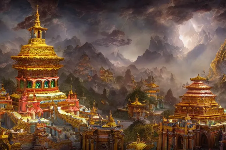Prompt: the ancient mythical city of shambhala and inhabitants, in the style of andrea pozzo, ultra realistic, atmosphere glow, detailed intricate, colorful, cinematic lighting, unreal engine, god lighting