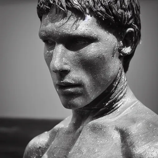 Prompt: “a realistic detailed photo of a handsome guy who is named Gordon Berta, frozen like a statue, with shiny skin, by a pool, on display, half humanoid, half robot, blank stare”