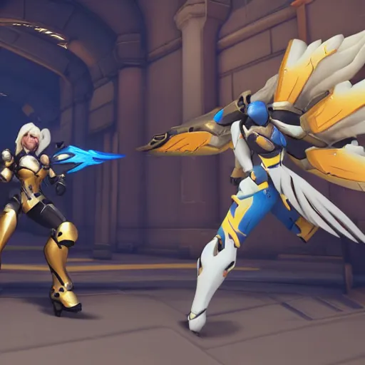 Image similar to mercy with pharah, in overwatch official style