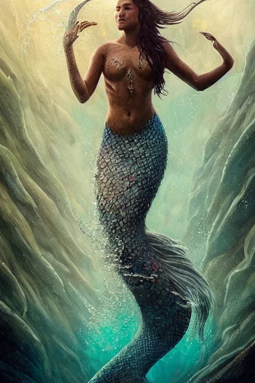 Image similar to a beautiful image of q'orianka kilcher as a mermaid swimming in a fantastic underwater city, hyper realistic face, full body, beautiful eyes, fantasy art, in the style of greg rutkowski, intricate, hyper detailed, smooth