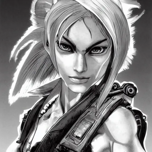 Image similar to a close-up portrait of Keira from Jak and Daxter, art by Yoji Shinkawa