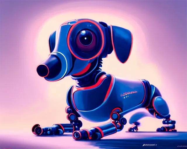 Prompt: completely mechanical robotic dachshund, hyper - realistic, celshading, sharp focus, intricate, detailed, rhads, andreas rocha, makoto shinkai, lois van baarle, ilya kuvshinov, greg rutkowski, dynamic lighting, grunge aesthetic, 4 k