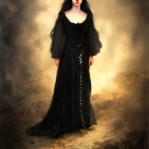 Image similar to a beautiful young woman, pale skin, black long hair, aristocrat, black expensive dress from 1 8 6 0, illuminated by campfire, oil painting, digital art, studio photo, realistic, artstation, high quality, wild west