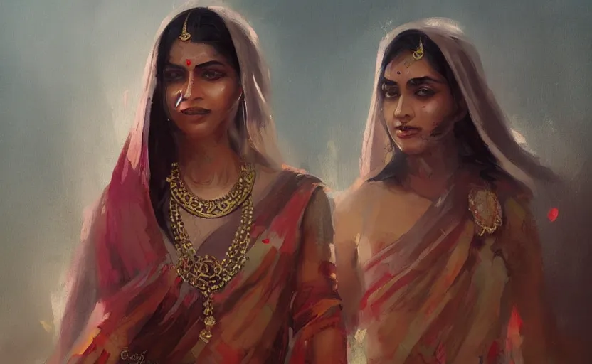 Image similar to a painting of a beautiful indian woman trending on artstation in the style of greg rutkowski