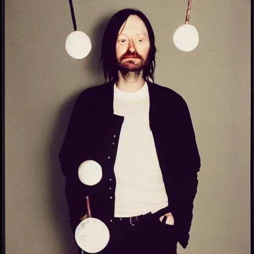 Image similar to Radiohead, holding the moon upon a stick, with a beard and a black jacket, a portrait by John E. Berninger, dribble, neo-expressionism, uhd image, studio portrait, 1990s