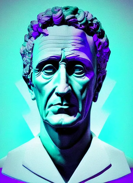 Image similar to portrait of julius caesar with a stoic look, beeple, vaporwave, retrowave, black background, neon, black, glitch, strong contrast, neon wiring, cuts, pinterest, trending on artstation