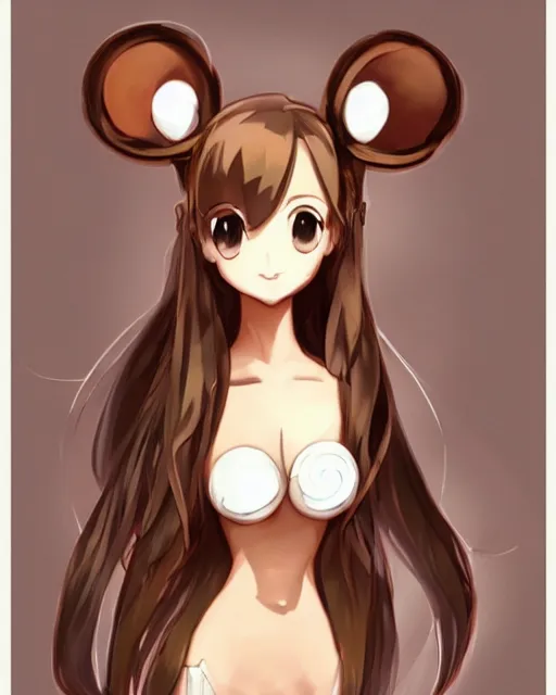 Image similar to A cute wakfu-style frontal painting of a very very beautiful anime skinny mousegirl with long wavy brown colored hair and small mouse ears on top of her head wearing a cute black dress and black shoes looking at the viewer, elegant, delicate, feminine, soft lines, higly detailed, smooth , pixiv art, ArtStation, artgem, art by alphonse mucha Gil Elvgren and Greg rutkowski, high quality, digital illustration, concept art, very long shot