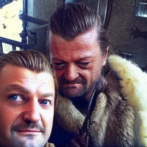 Image similar to “Joffrey Baratheon, taking a selfie with Ned Stark”