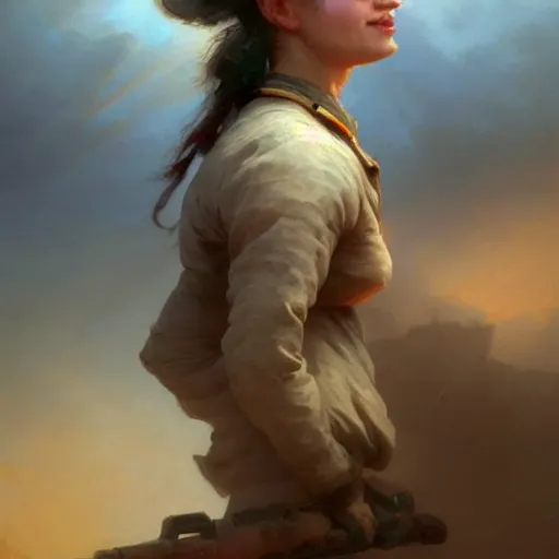 Image similar to cinematic shot epic portrait an female soldier smiling, majestic, beautiful, blush, sweaty skin, battlefield backround, broad light, ambient occlusion, volumetric light effect, made by ivan aivazovsky, peter mohrbacher, greg rutkowski, matte painting, trending on artstation, 4 k, perfectly defined features, digital painting, cinematic, epic, highly detailed,