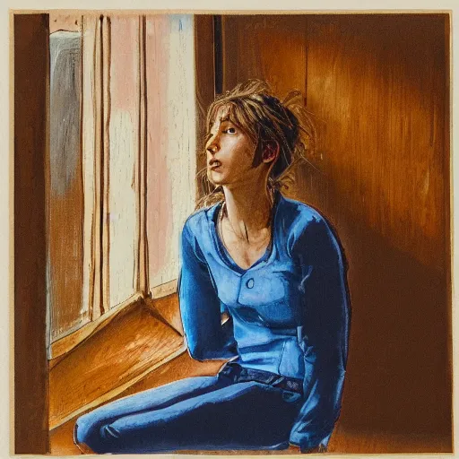 Image similar to girl sitting nearby a windowing, rainy outside, detailed, very fine face, strong lighting, by artists.