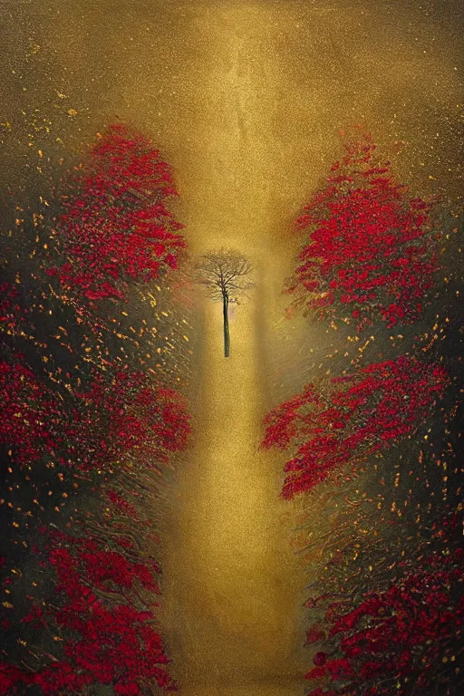 Image similar to immaculate painting of A Beautiful fine detailed gold and red and black Forest Illusion by erik johansson micro detailing