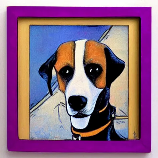 Image similar to painted colorful wooden frame, elegant, 1 9 2 0 s, for a square picture of a happy dog. the frame is ornate and has room for the name tag of the dog. digital art