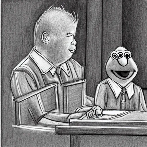 Image similar to elmo in court. pencil court sketch. intricate. highly professionally detailed.