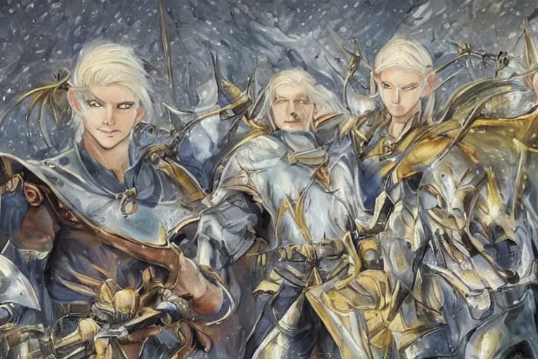 Image similar to dungeons and dragons fantasy painting of elven soldiers, white hair, determined expressions, anime inspired