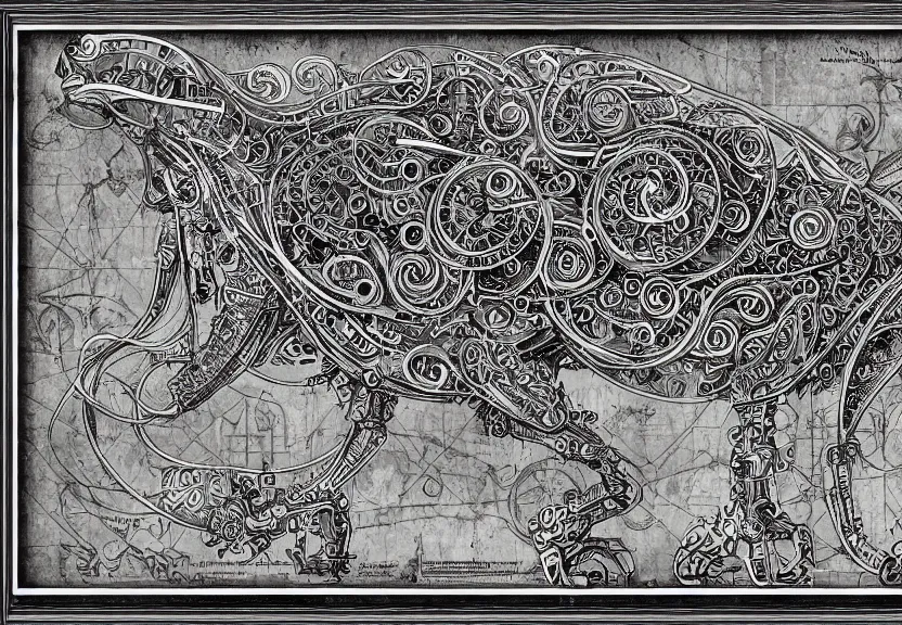 Image similar to 1 / 4 schematic blueprint of highly detailed ornate filigreed convoluted ornamented elaborate cybernetic rat, full body, character design, middle of the page, art by da vinci