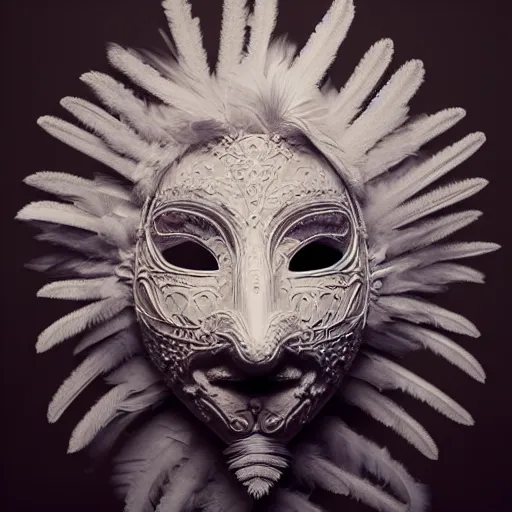 Prompt: an elaborate intricate mask made of feathers caught is a cloud vortex, rendered in octane, behance hd, bokeh backdrop